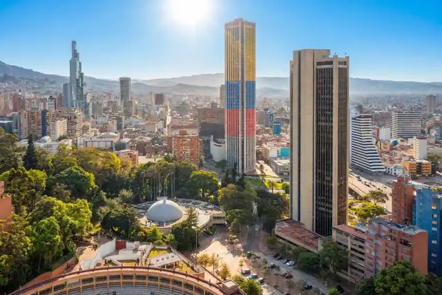 Bogotá skyline with Colpatria Tower and mountains