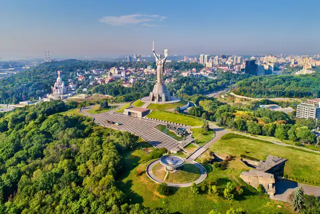 Aerial view of Motherland Monument in Kyiv