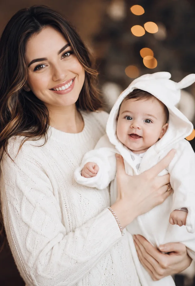 Smiling mother holding baby in white outfit