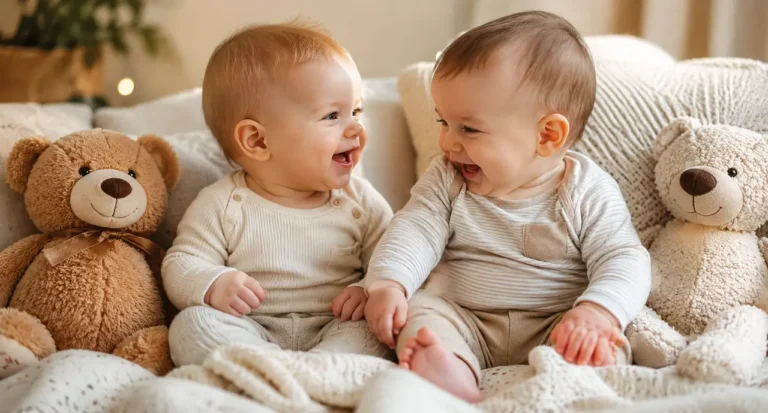 Two smiling babies with teddy bears on couch