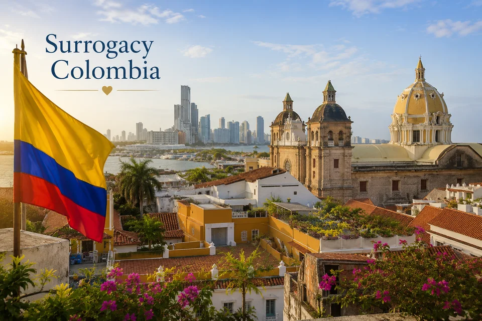 Colombian flag over Cartagena skyline and cathedral