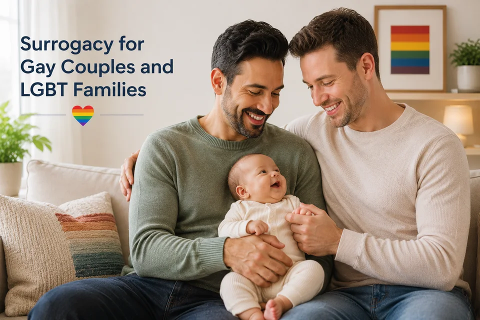 Two fathers holding baby on couch