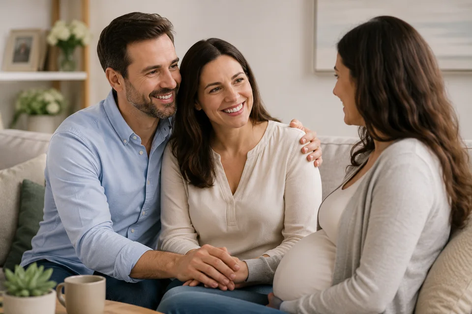 Couple holding hands with pregnant woman indoors