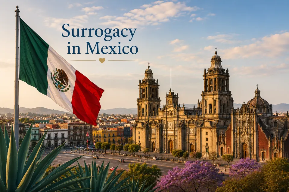 Mexican flag and cathedral with surrogacy text