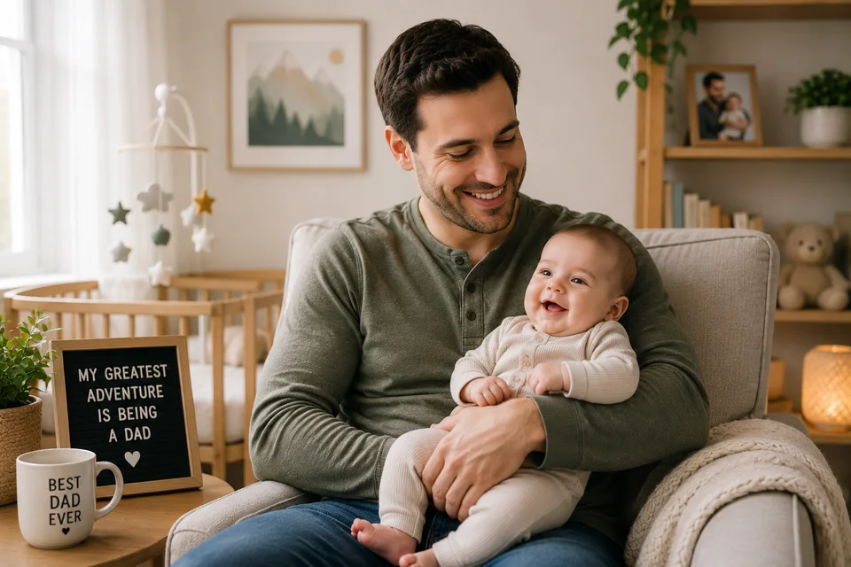 Father holding smiling baby in cozy nursery