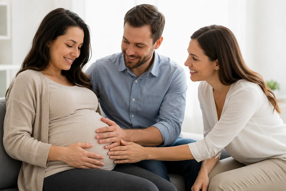 Couple and friend touching pregnant woman's belly
