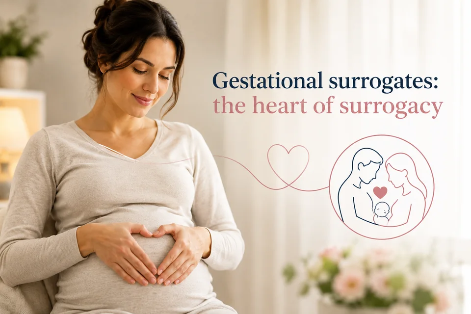 Pregnant woman holding belly, surrogacy concept graphic