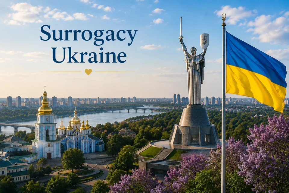 Kyiv skyline with Motherland Monument and Ukraine flag