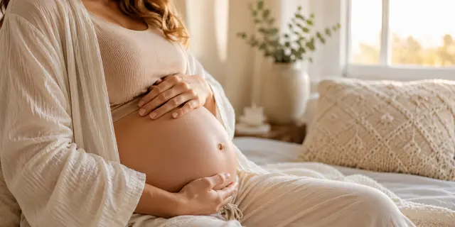 Pregnant woman gently holding her belly indoors