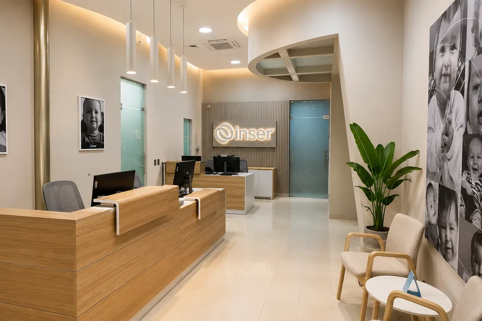 Modern medical reception area with wooden desks and baby photos.