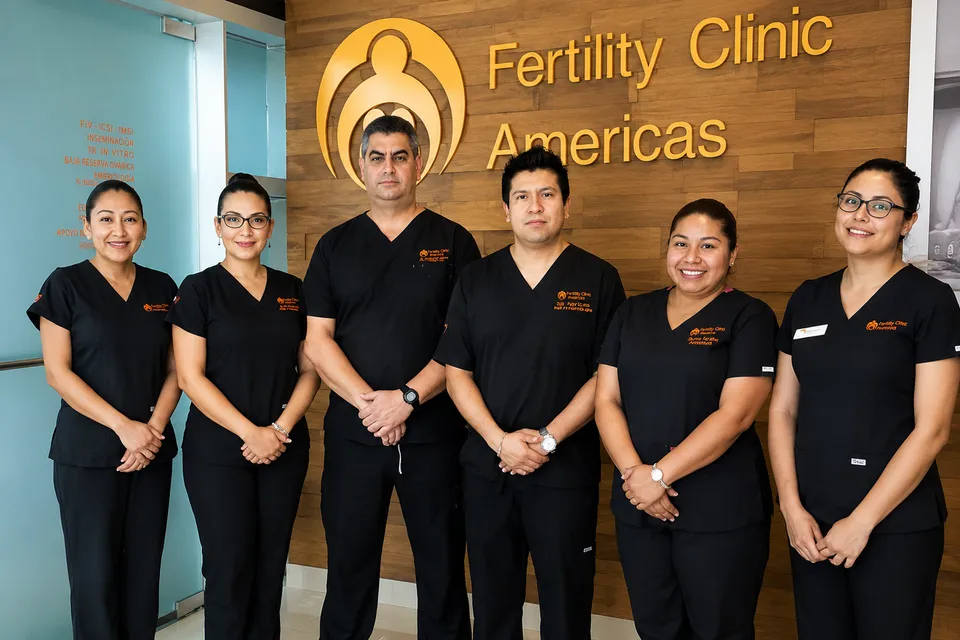 Six medical professionals in black scrubs at Fertility Clinic Americas.