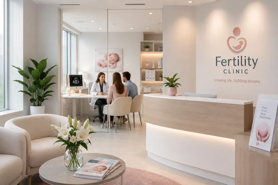 Modern fertility clinic reception with doctor consulting couple