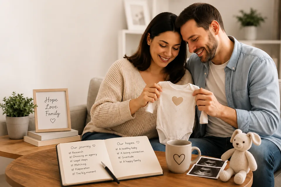 A happy couple smiling while holding a baby onesie together.