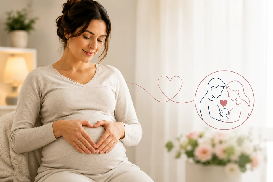 Pregnant woman making heart shape on belly with family graphic.