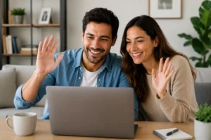 A smiling couple waving during a laptop video call.