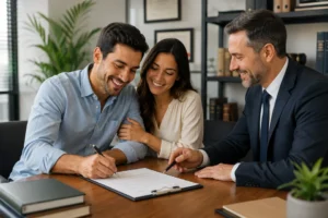 A couple signing documents with an advisor in an office.