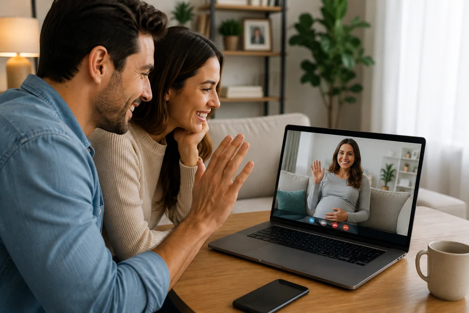 Smiling couple having a video call with a pregnant friend.