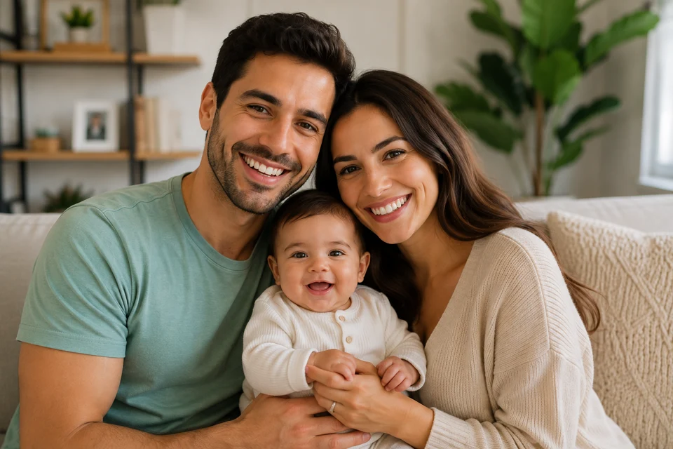 Smiling parents with their baby on a couch.